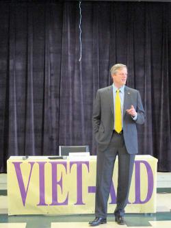 On the stump in Fields Corner: Charlie Baker makes a point. Photo courtesy Viet-AID